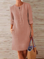 Plus Size Women's Cotton And Linen Round Neck Long Sleeve Dress