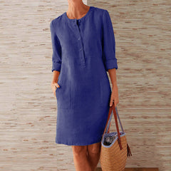 Plus Size Women's Cotton And Linen Round Neck Long Sleeve Dress